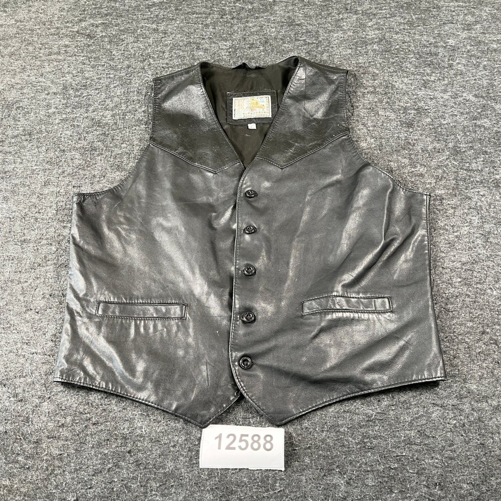 Vintage Gino Leathers Biker Vest Mens Large Black Button Front Lined Western